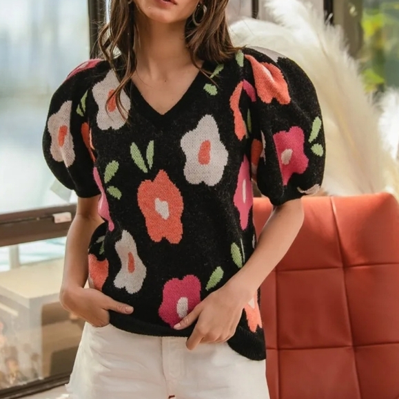 Floral Pattern Puff Sleeves V-Neck Sweater - Picture 1 of 4